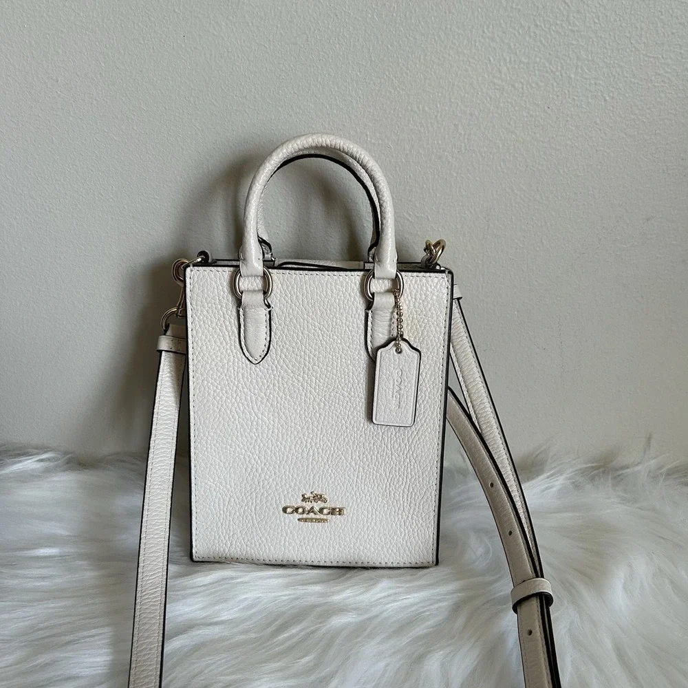 Coach North South Mini Tote Chalk White Pebbled Leather Crossbody Bag Excellent - Picture 1 of 9